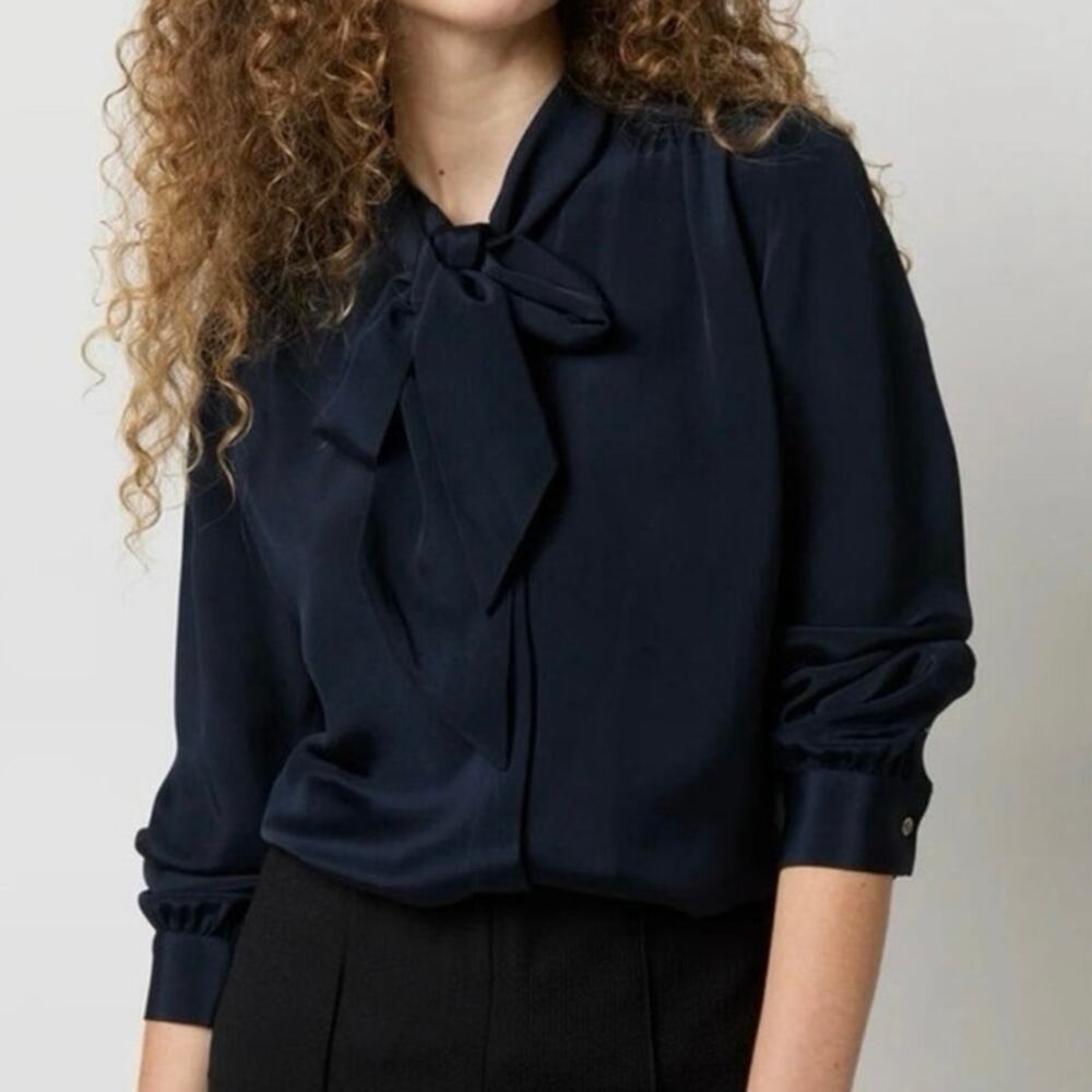 ANN MASHBURN silk Tie-Neck navy blue Blouse Small